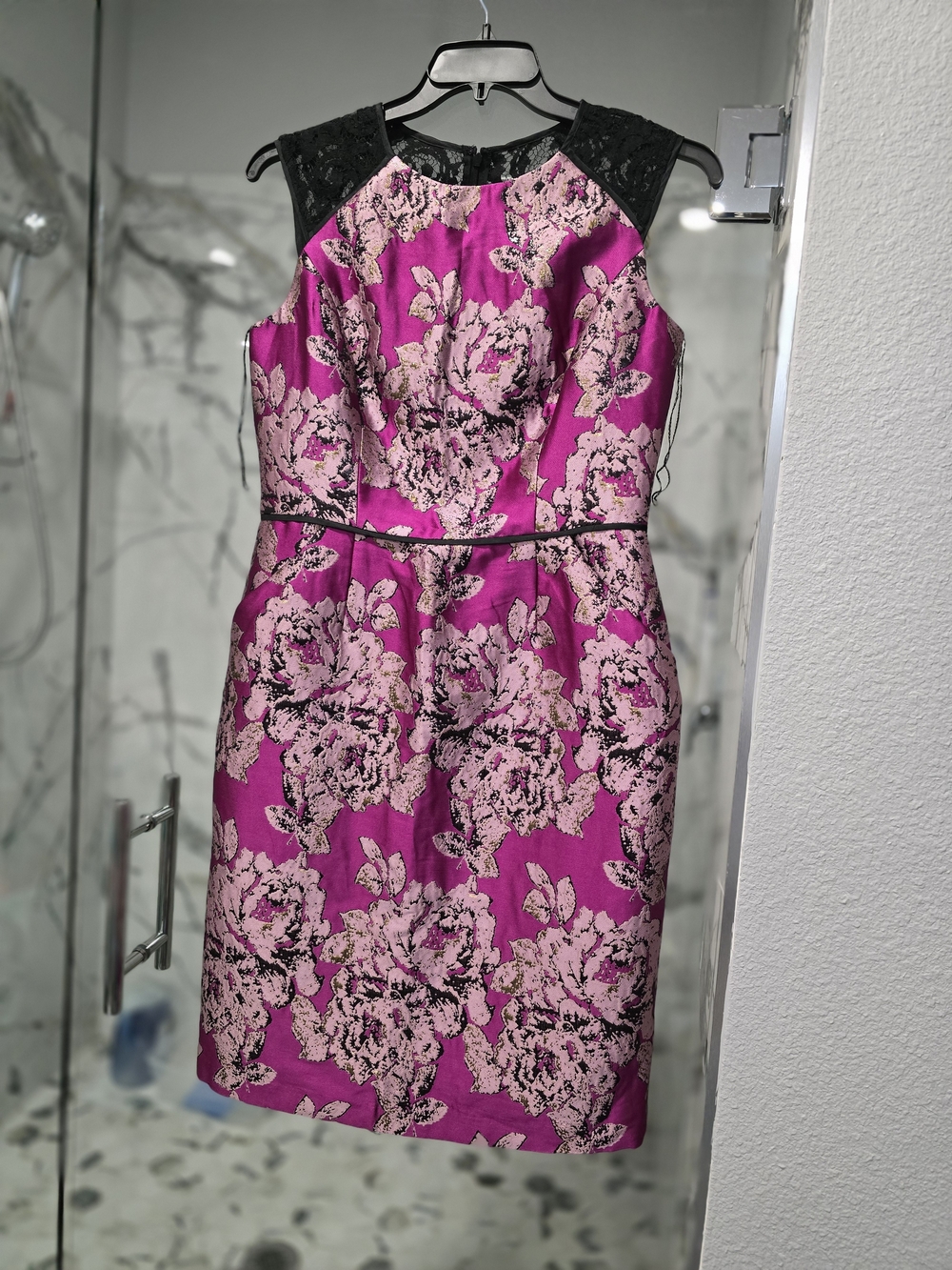 Adrianna Papell Fuchsia Floral Midi Dress with Black Lace Yoke